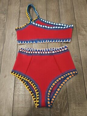 Kiini Red Crochet Trim One Shoulder Bikini Set Size Small High Waist Swim